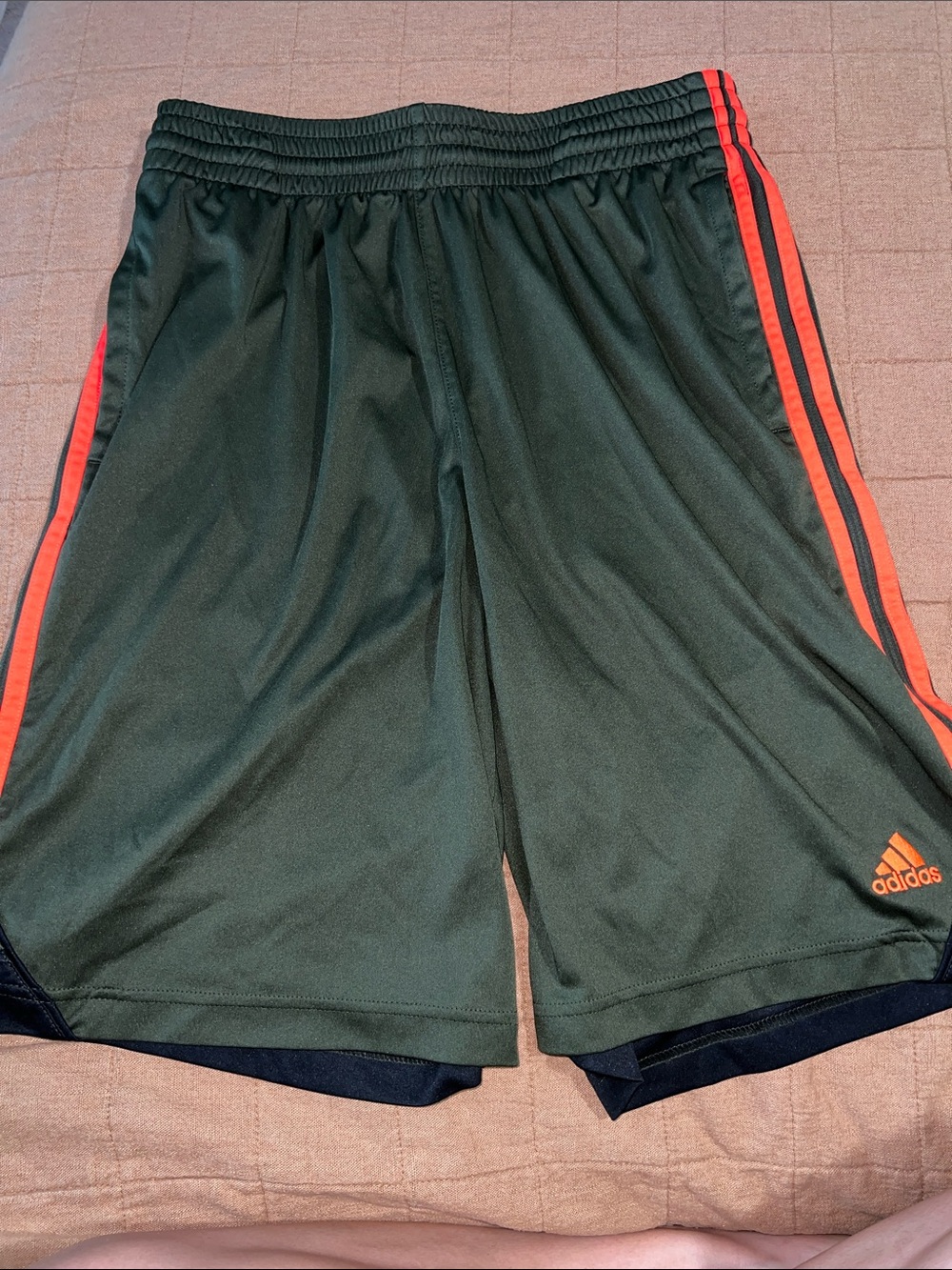 adidas Men’s Dark Green Athletic Shorts with Orange Stripes